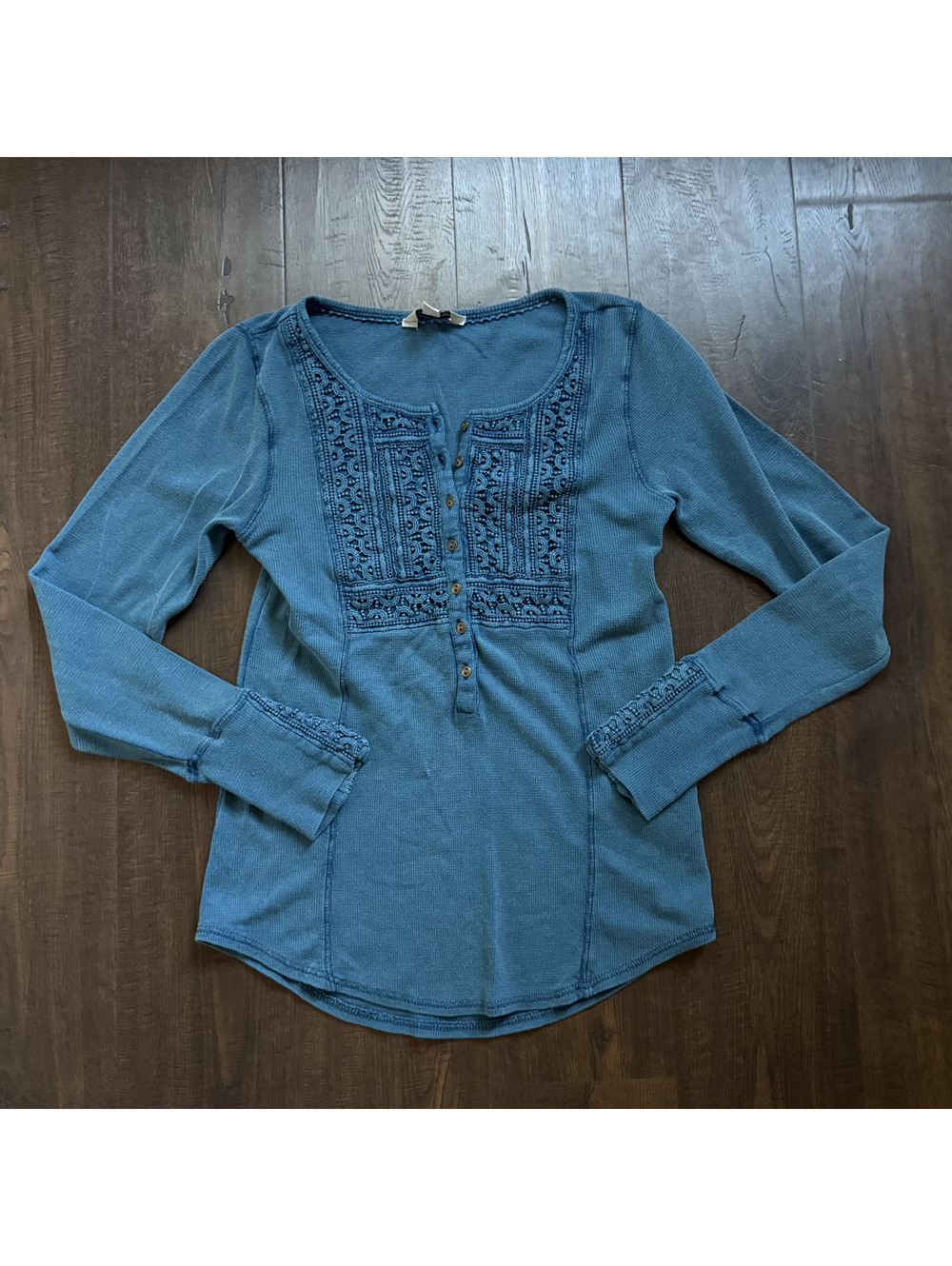 Y2K Lucky Brand Teal Crochet Henley Top M Boho Western Thermal Tunic Shirt